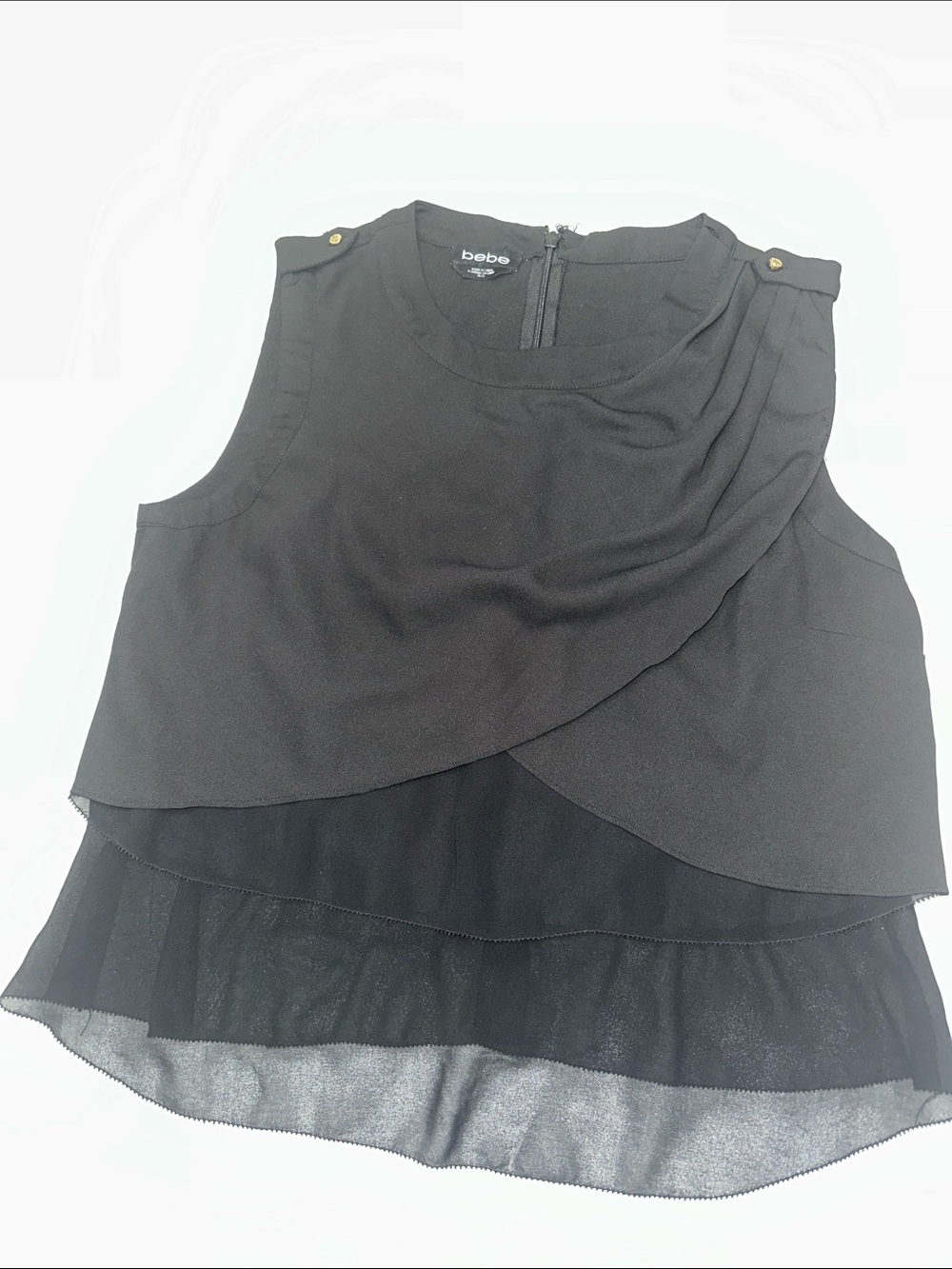 bebe Black Layered Sleeveless Chiffon Top with Gold Buttons